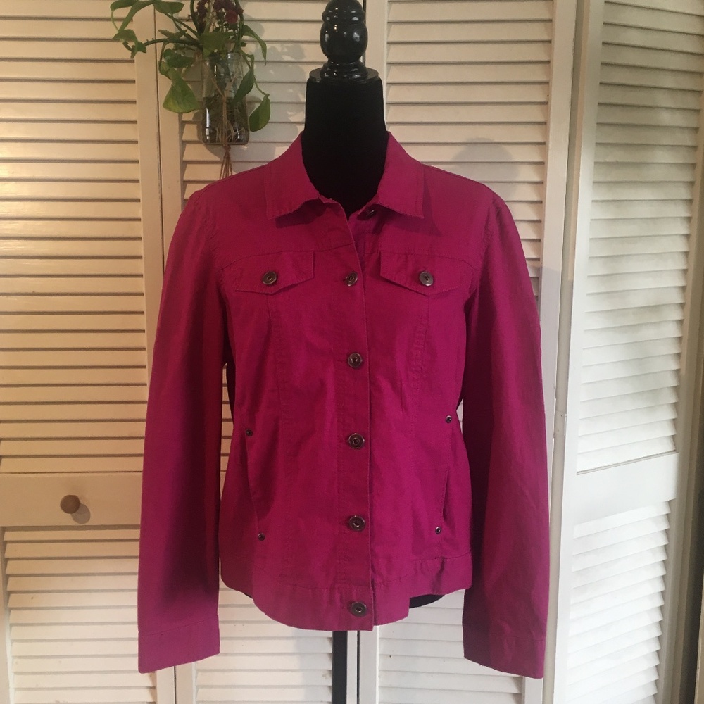 Baccini Vibrant Fuchsia Pink Stretch Denim Jean Jacket Women's Size Large